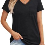 AUTOMET Womens T Shirts Short Sleeve V Neck Tops with Pockets Summer Fashion Trendy Soft Casual Comfy Outfits Clothes 2024