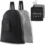 2 Pcs JHX Dirty Laundry Bag【Upgraded】 with Handles and Aluminum Carabiner, Collapsible Clothes Bag for Travel, Camp, Fitness, and Students (Black&Grey) 24"L x 21"W